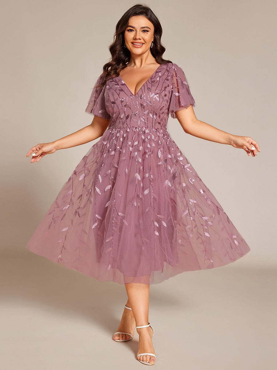 Plus Size Sparkly A-Line Midi Tulle Formal Wedding Guest Dress with Leaf Sequin #color_Purple Orchid