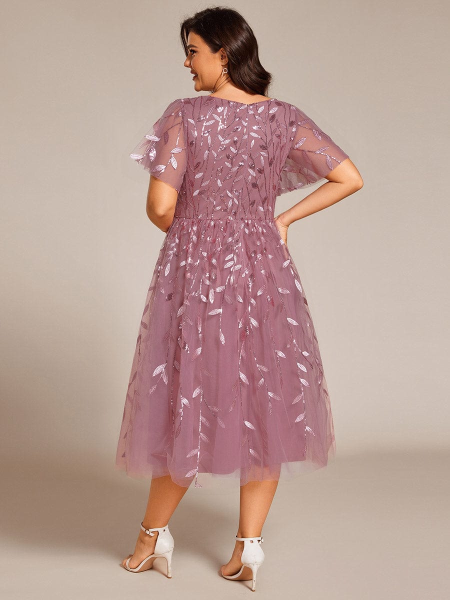 Short Sleeves Leaf Sequin A-Line Midi Formal Wedding Guest Dress #color_Purple Orchid