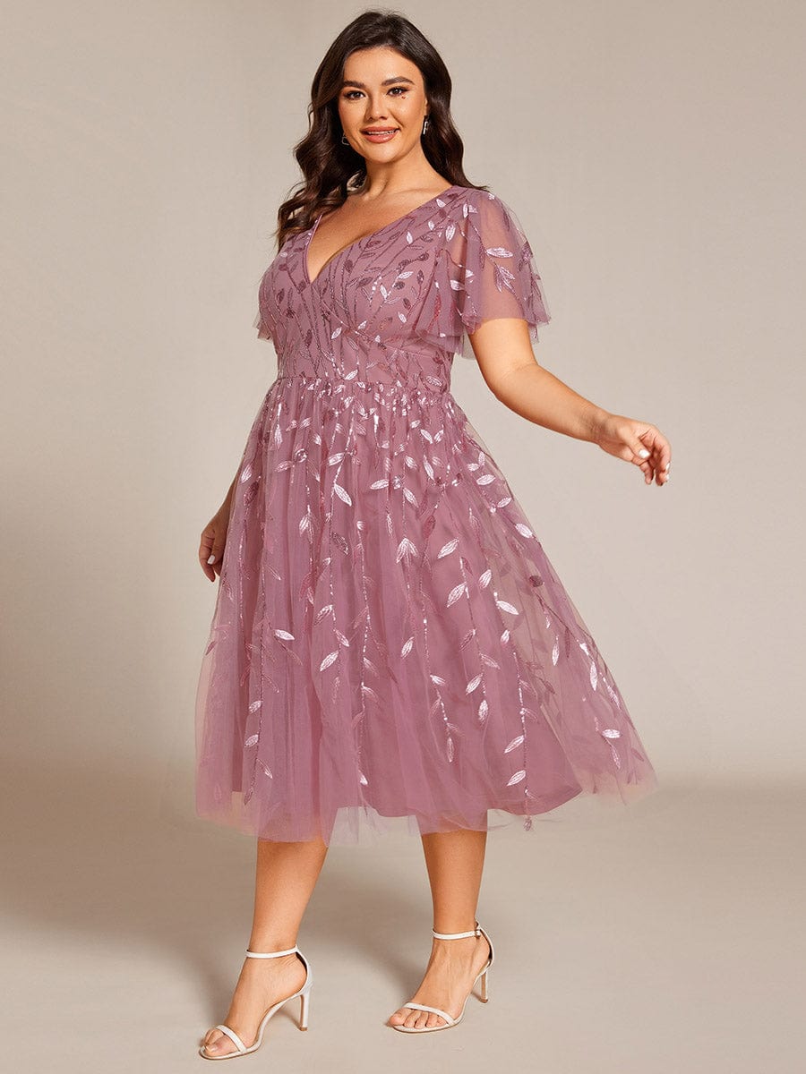 Plus Size Sparkly A-Line Midi Tulle Formal Wedding Guest Dress with Leaf Sequin #color_Purple Orchid