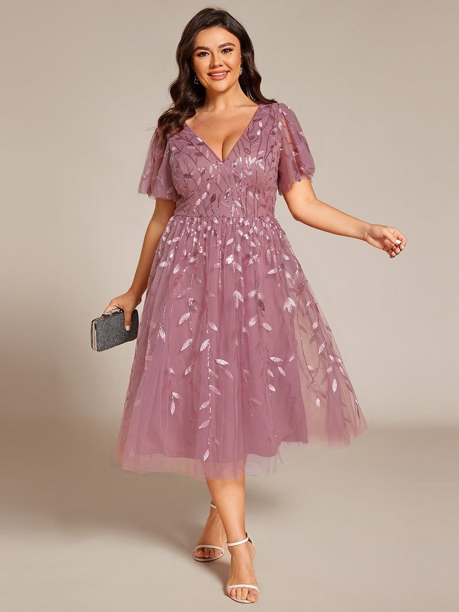 Short Sleeves Leaf Sequin A-Line Midi Formal Wedding Guest Dress #color_Purple Orchid