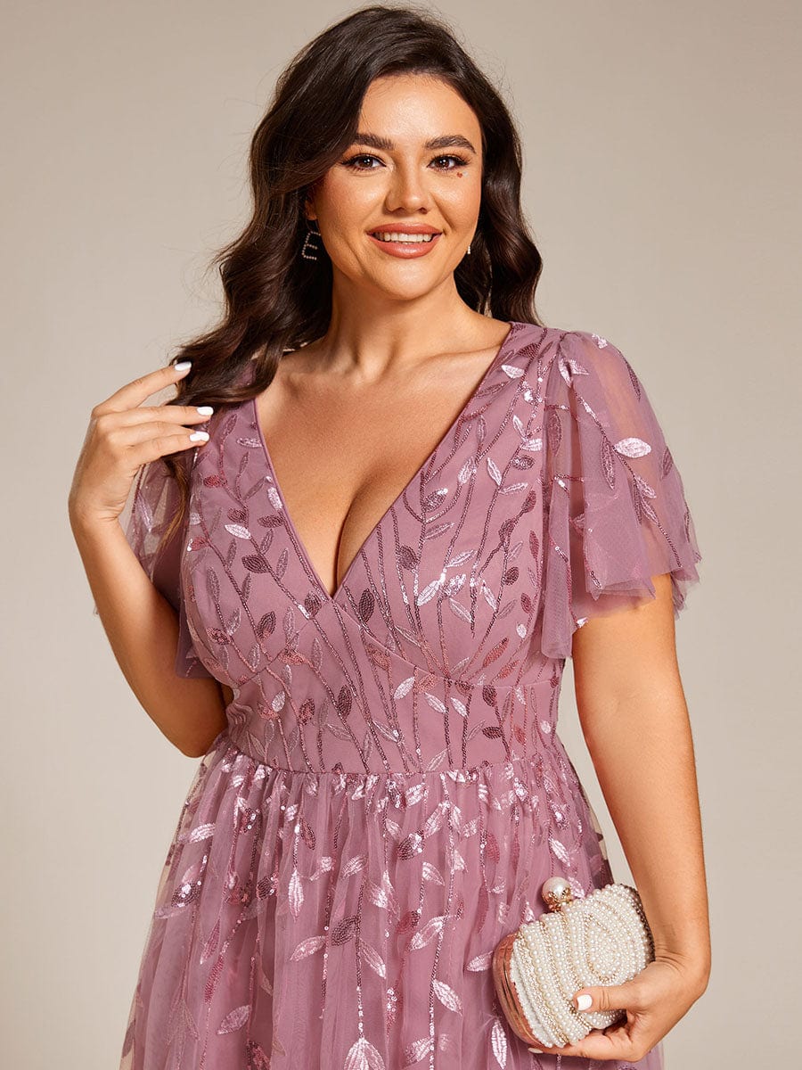 Plus Size Sparkly A-Line Midi Tulle Formal Wedding Guest Dress with Leaf Sequin #color_Purple Orchid