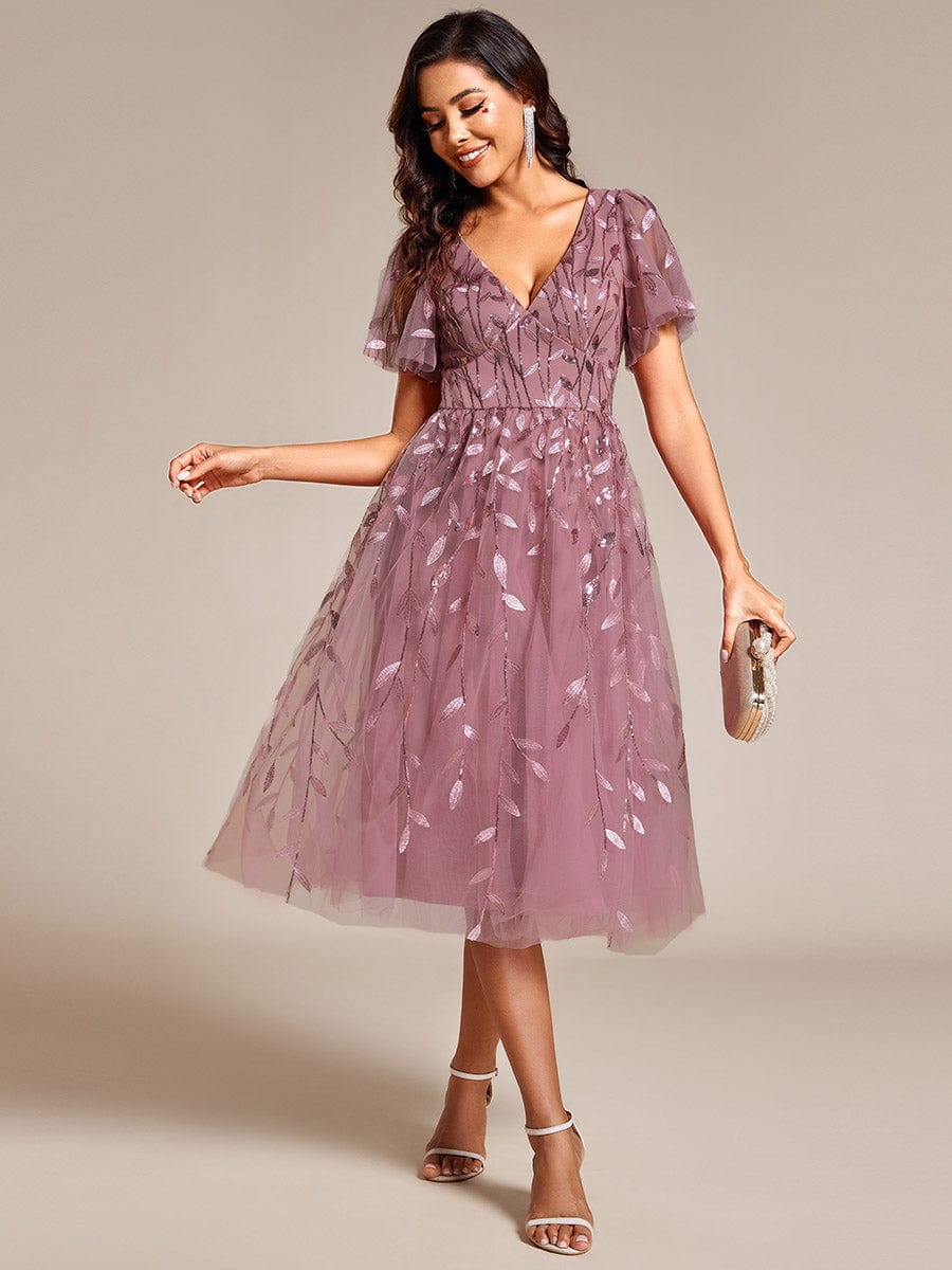 Short Sleeves Leaf Sequin A-Line Midi Formal Wedding Guest Dress #color_Purple Orchid