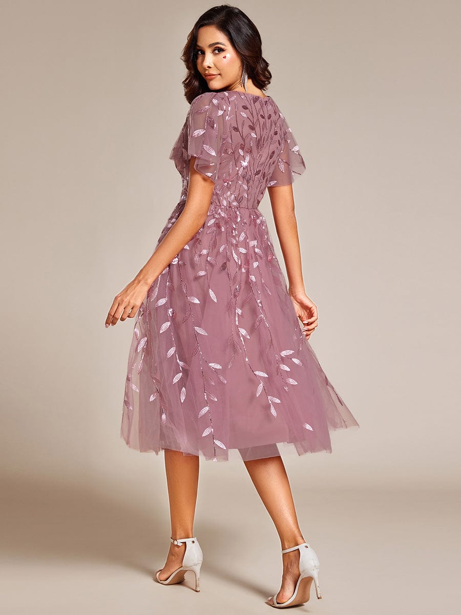 Short Sleeves Leaf Sequin A-Line Midi Formal Wedding Guest Dress #color_Purple Orchid