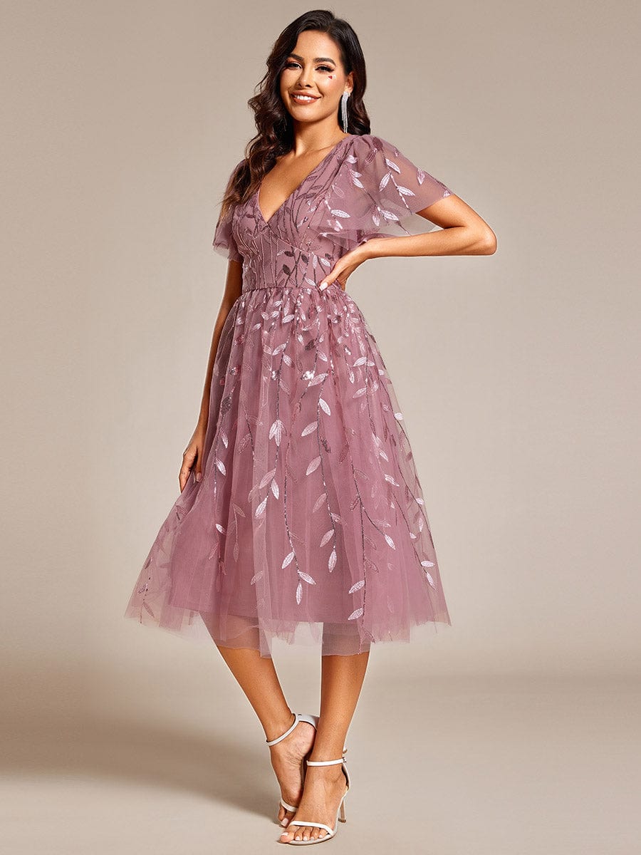 Short Sleeves Leaf Sequin A-Line Midi Formal Wedding Guest Dress #color_Purple Orchid