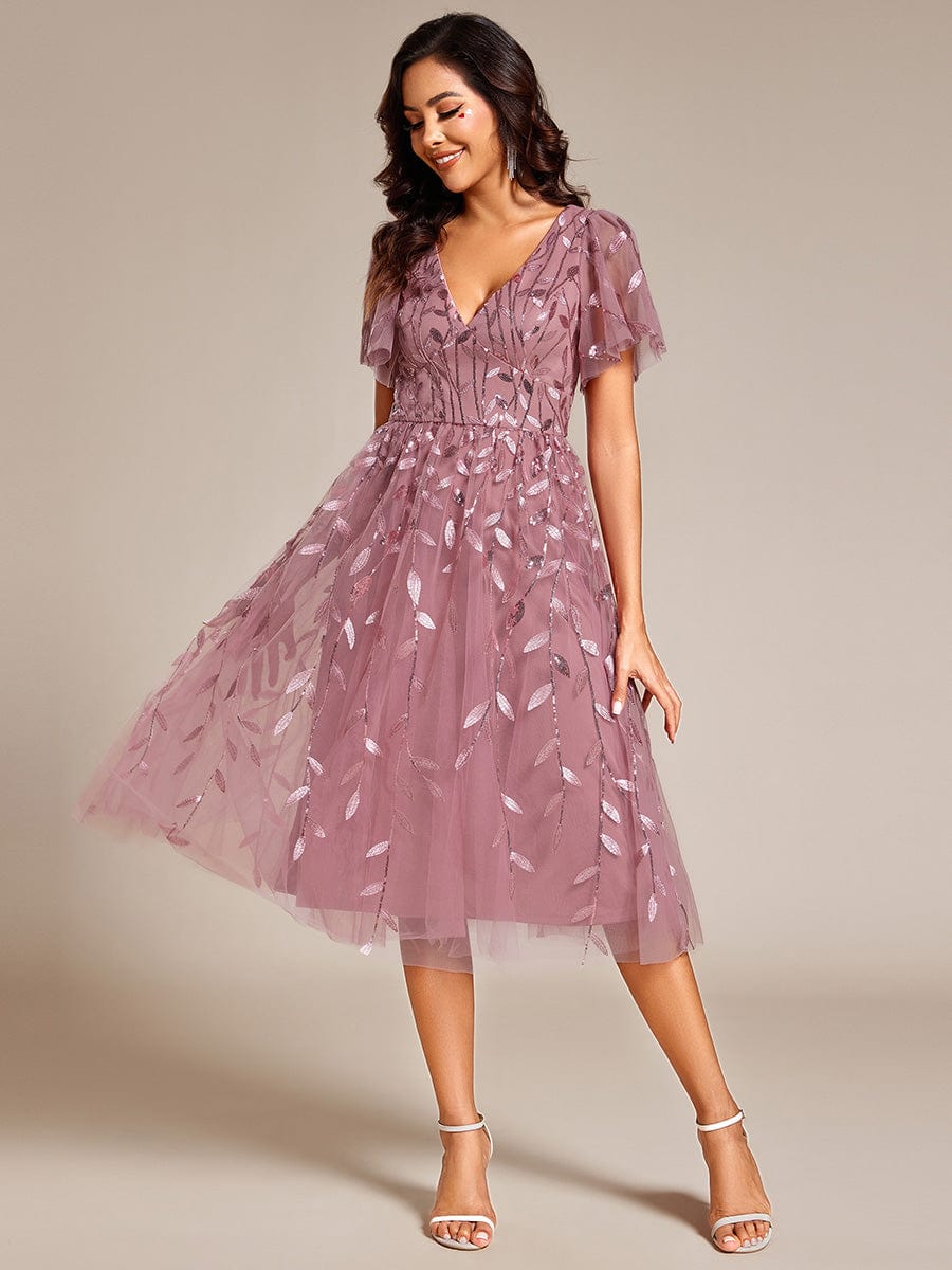 Short Sleeves Leaf Sequin A-Line Midi Formal Wedding Guest Dress #color_Purple Orchid