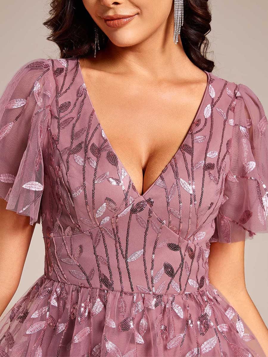 Short Sleeves Leaf Sequin A-Line Midi Formal Wedding Guest Dress #color_Purple Orchid