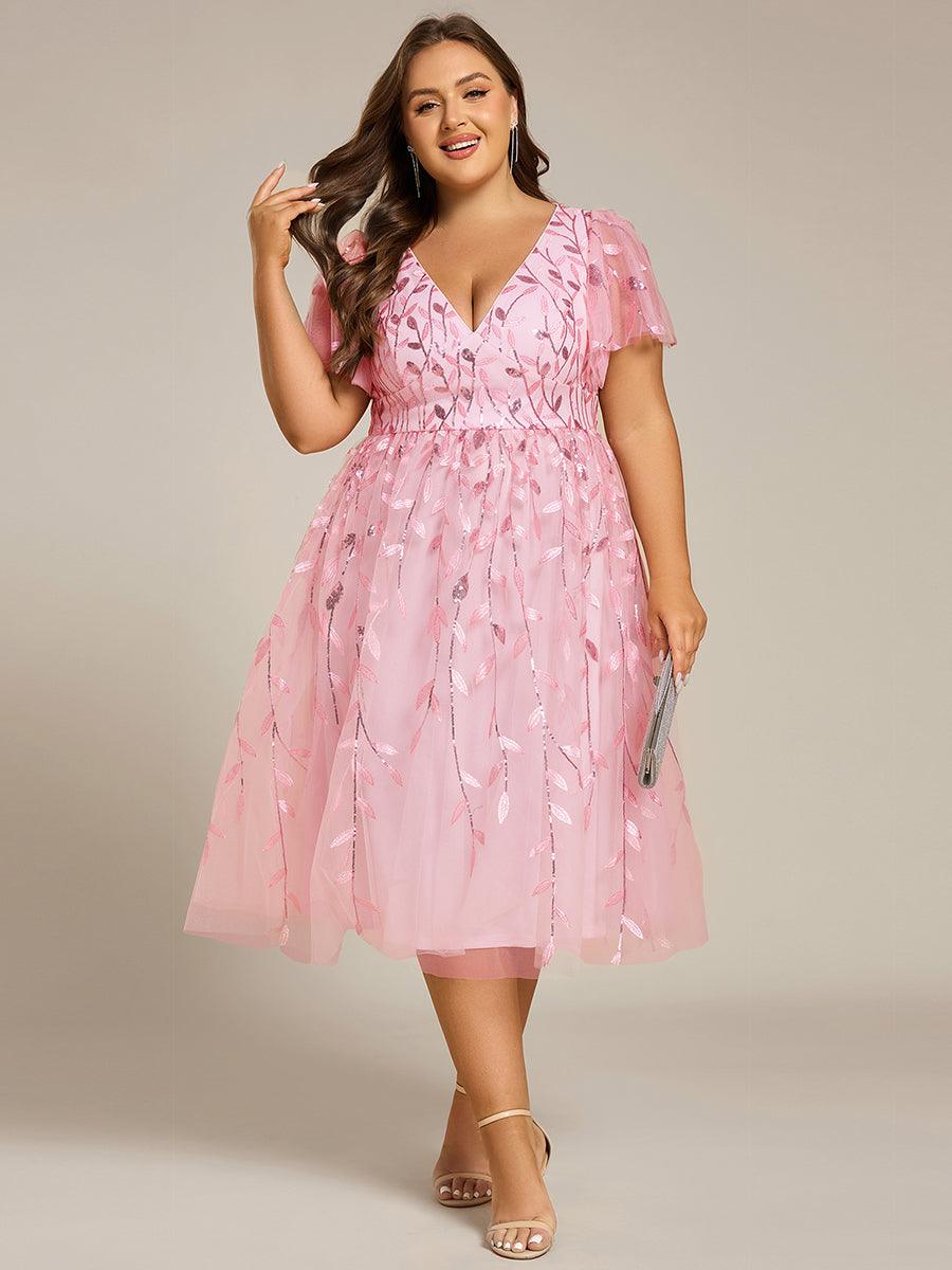 Short Sleeves Leaf Sequin A-Line Midi Formal Wedding Guest Dress #color_Pink