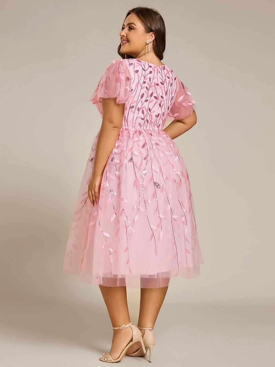 Short Sleeves Leaf Sequin A-Line Midi Formal Wedding Guest Dress #color_Pink