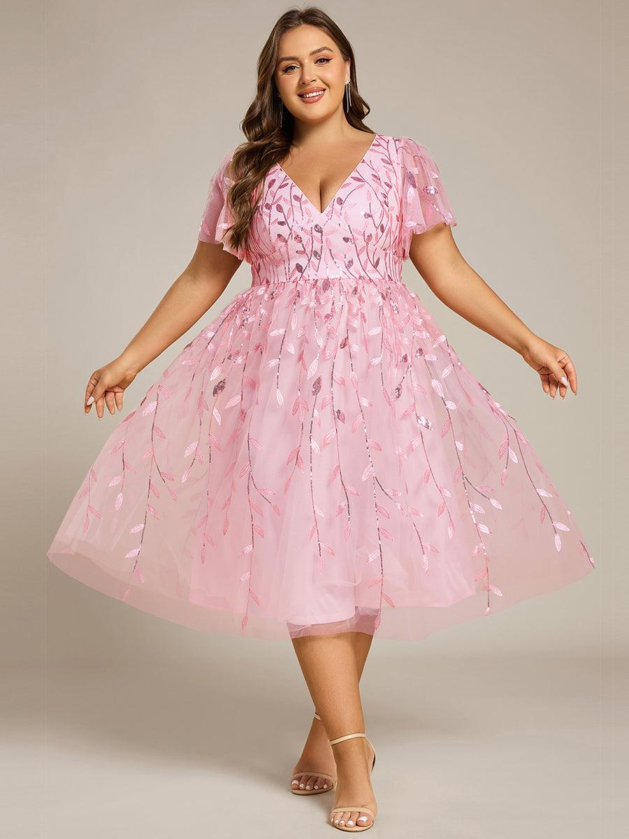 Short Sleeves Leaf Sequin A-Line Midi Formal Wedding Guest Dress #color_Pink