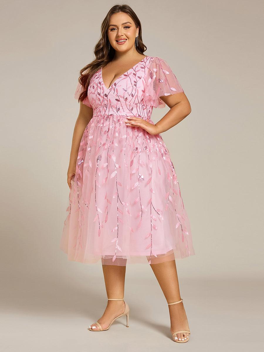 Short Sleeves Leaf Sequin A-Line Midi Formal Wedding Guest Dress #color_Pink