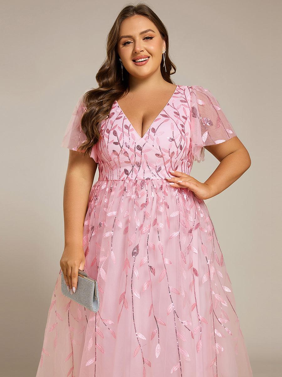 Plus Size Sparkly A-Line Midi Tulle Formal Wedding Guest Dress with Leaf Sequin #color_Pink