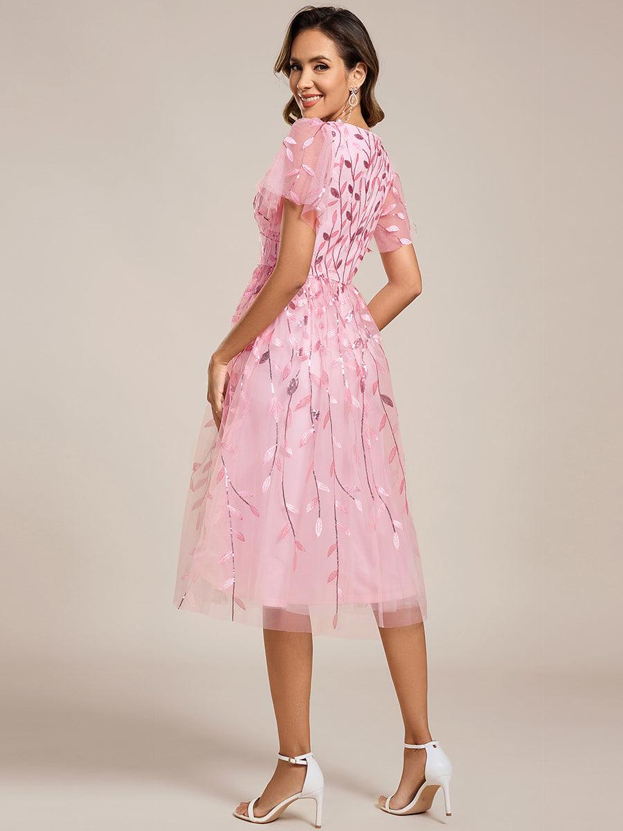 Short Sleeves Leaf Sequin A-Line Midi Formal Wedding Guest Dress #color_Pink