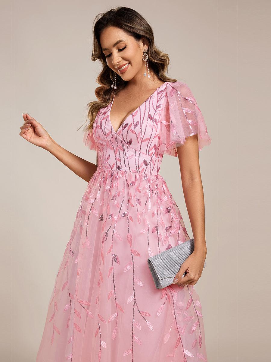 Short Sleeves Leaf Sequin A-Line Midi Formal Wedding Guest Dress #color_Pink