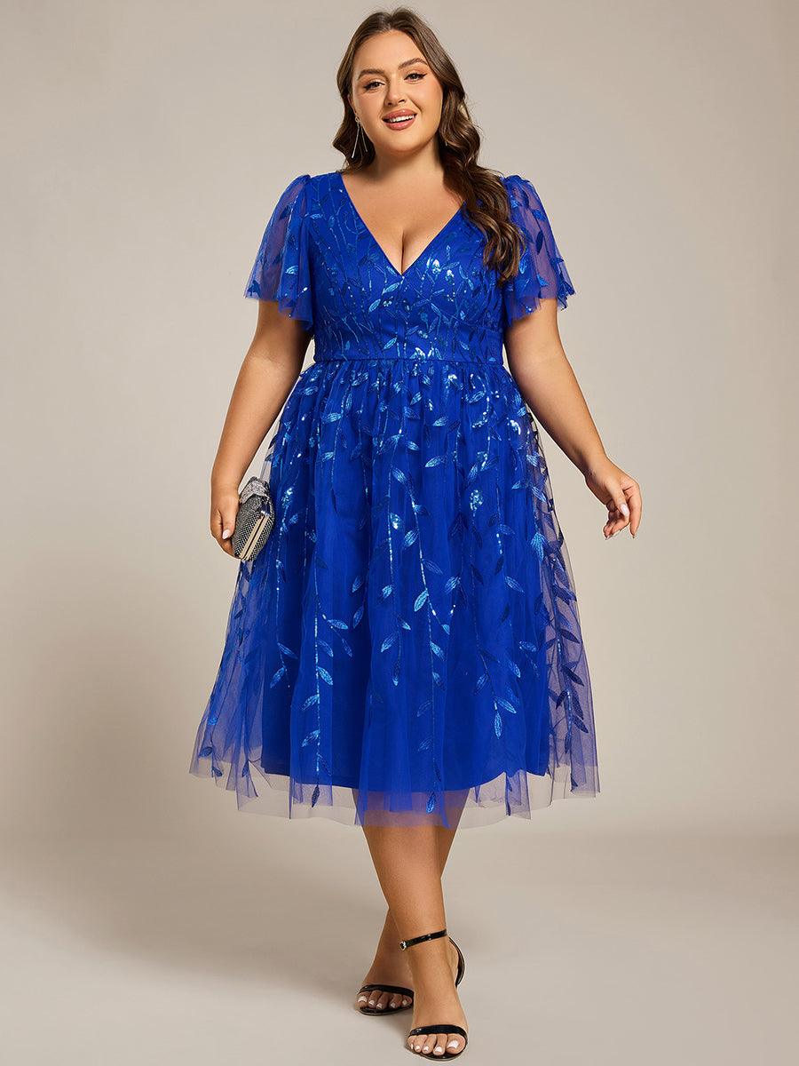 Short Sleeves Leaf Sequin A-Line Midi Formal Wedding Guest Dress #color_Sapphire Blue