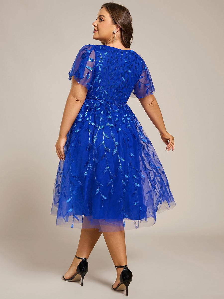 Short Sleeves Leaf Sequin A-Line Midi Formal Wedding Guest Dress #color_Sapphire Blue