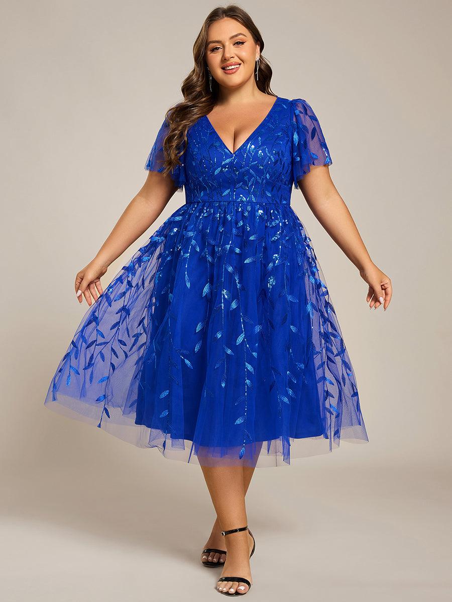 Short Sleeves Leaf Sequin A-Line Midi Formal Wedding Guest Dress #color_Sapphire Blue