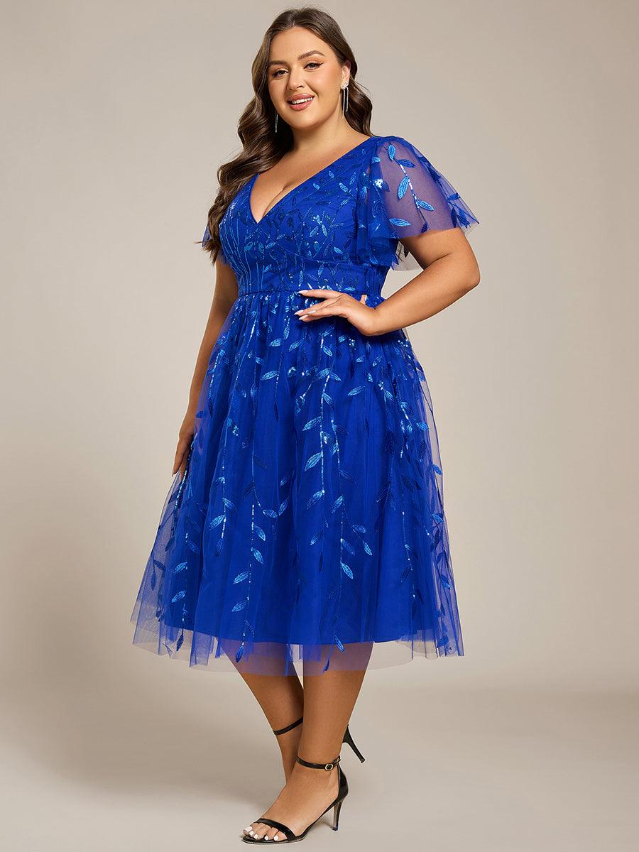 Short Sleeves Leaf Sequin A-Line Midi Formal Wedding Guest Dress #color_Sapphire Blue