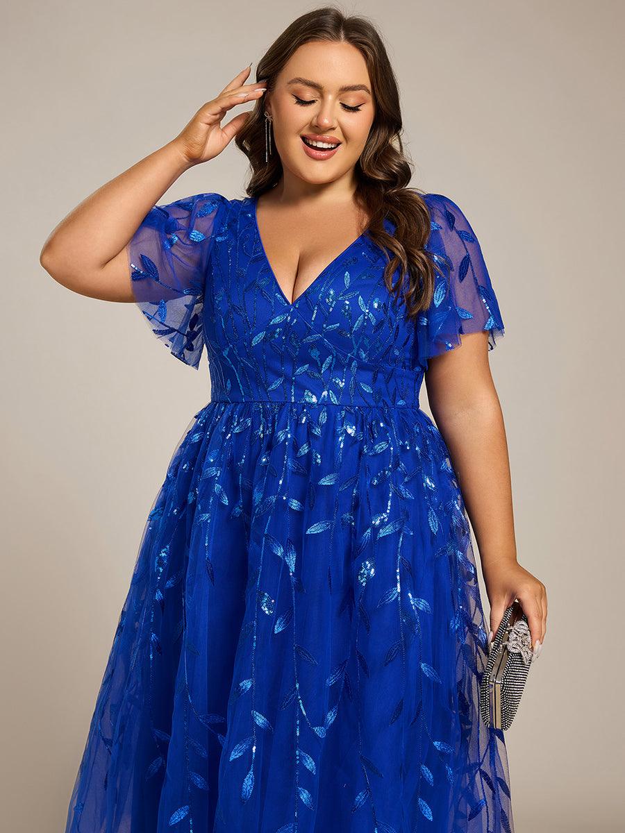 Short Sleeves Leaf Sequin A-Line Midi Formal Wedding Guest Dress #color_Sapphire Blue