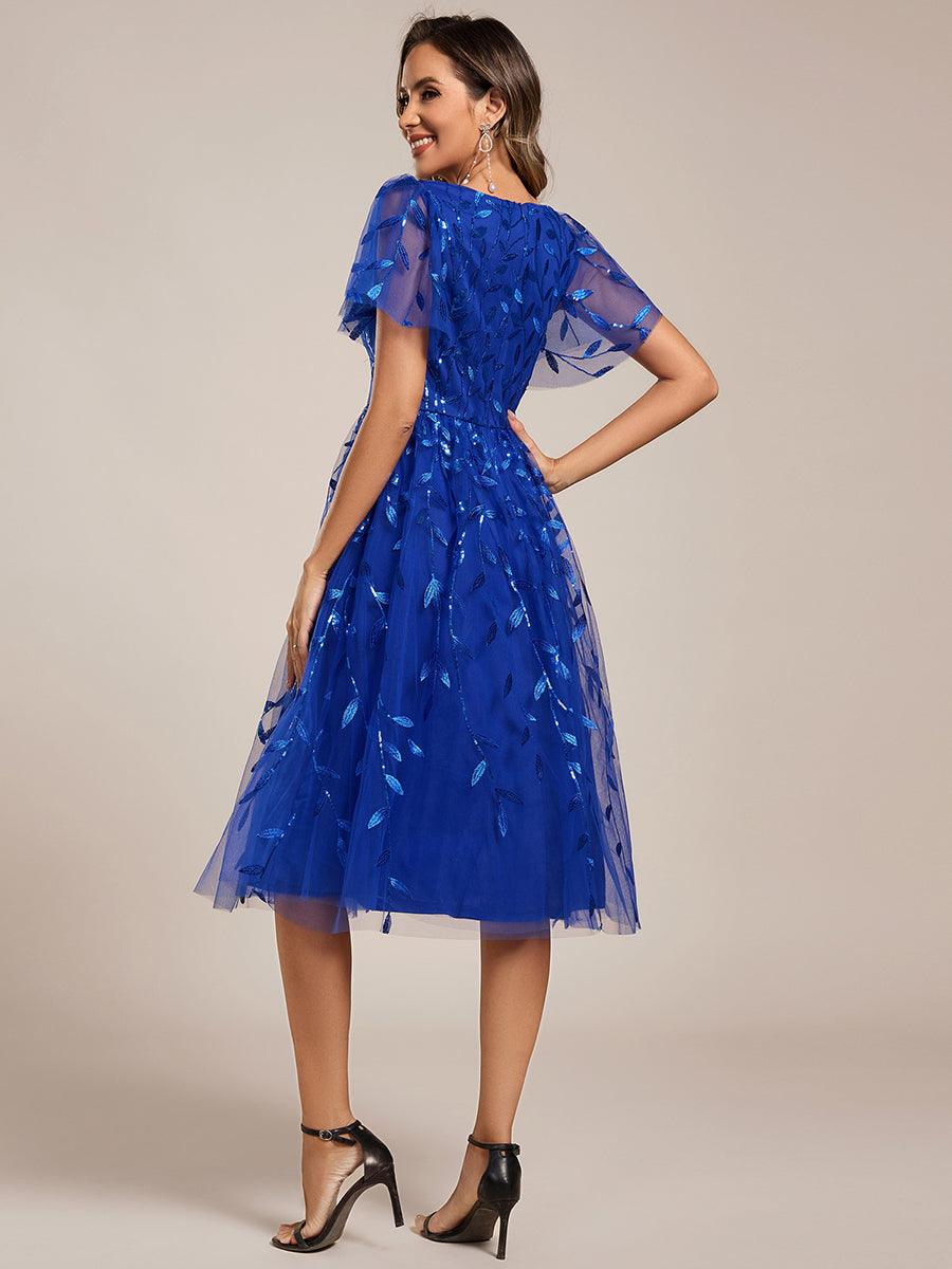 Short Sleeves Leaf Sequin A-Line Midi Formal Wedding Guest Dress #color_Sapphire Blue