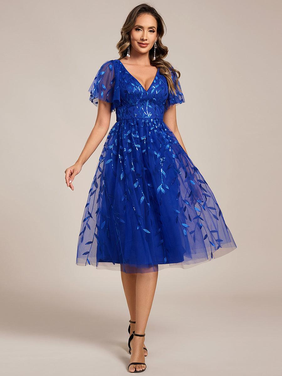 Short Sleeves Leaf Sequin A-Line Midi Formal Wedding Guest Dress #color_Sapphire Blue