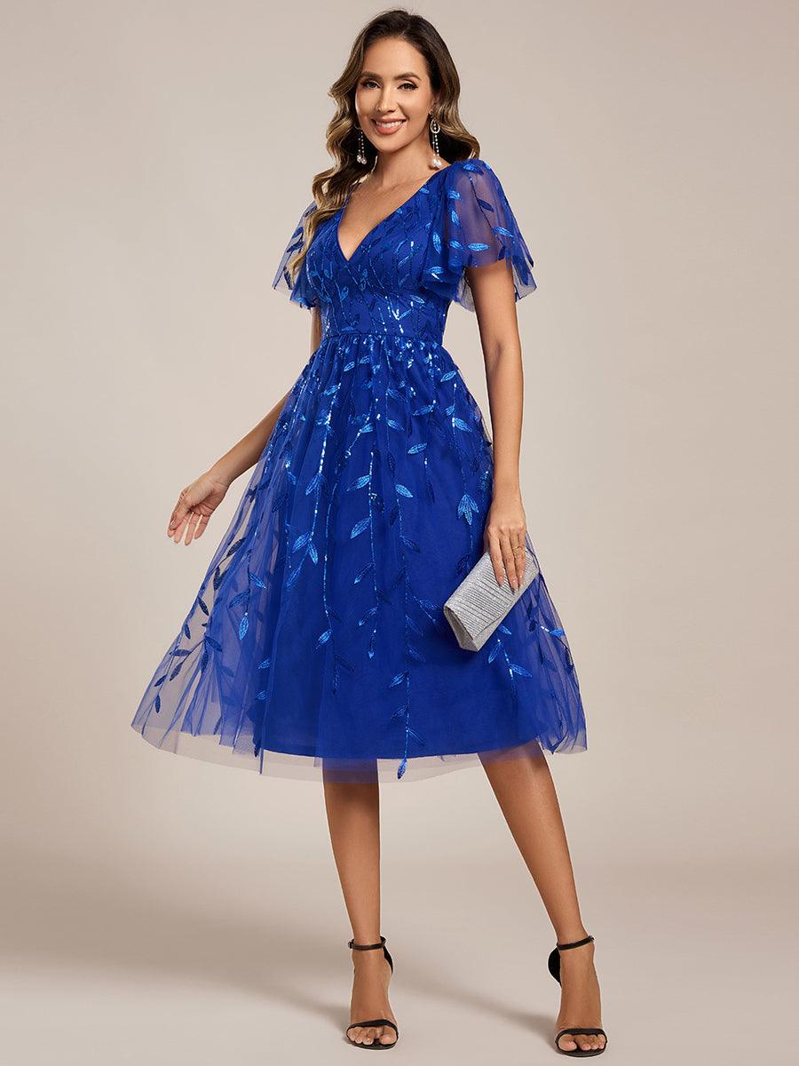 Short Sleeves Leaf Sequin A-Line Midi Formal Wedding Guest Dress #color_Sapphire Blue