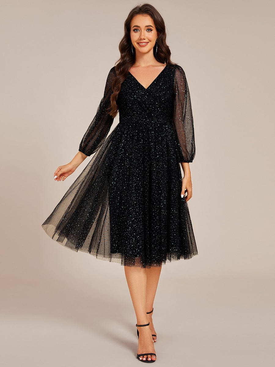 Glittery Long Sleeve V-Neck Midi Wedding Guest Dress #color_Black