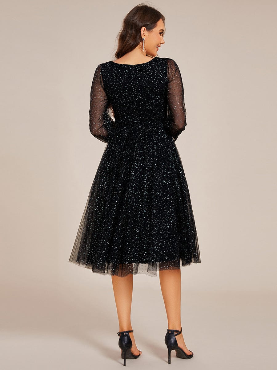 Glittery Long Sleeve V-Neck Midi Wedding Guest Dress #color_Black