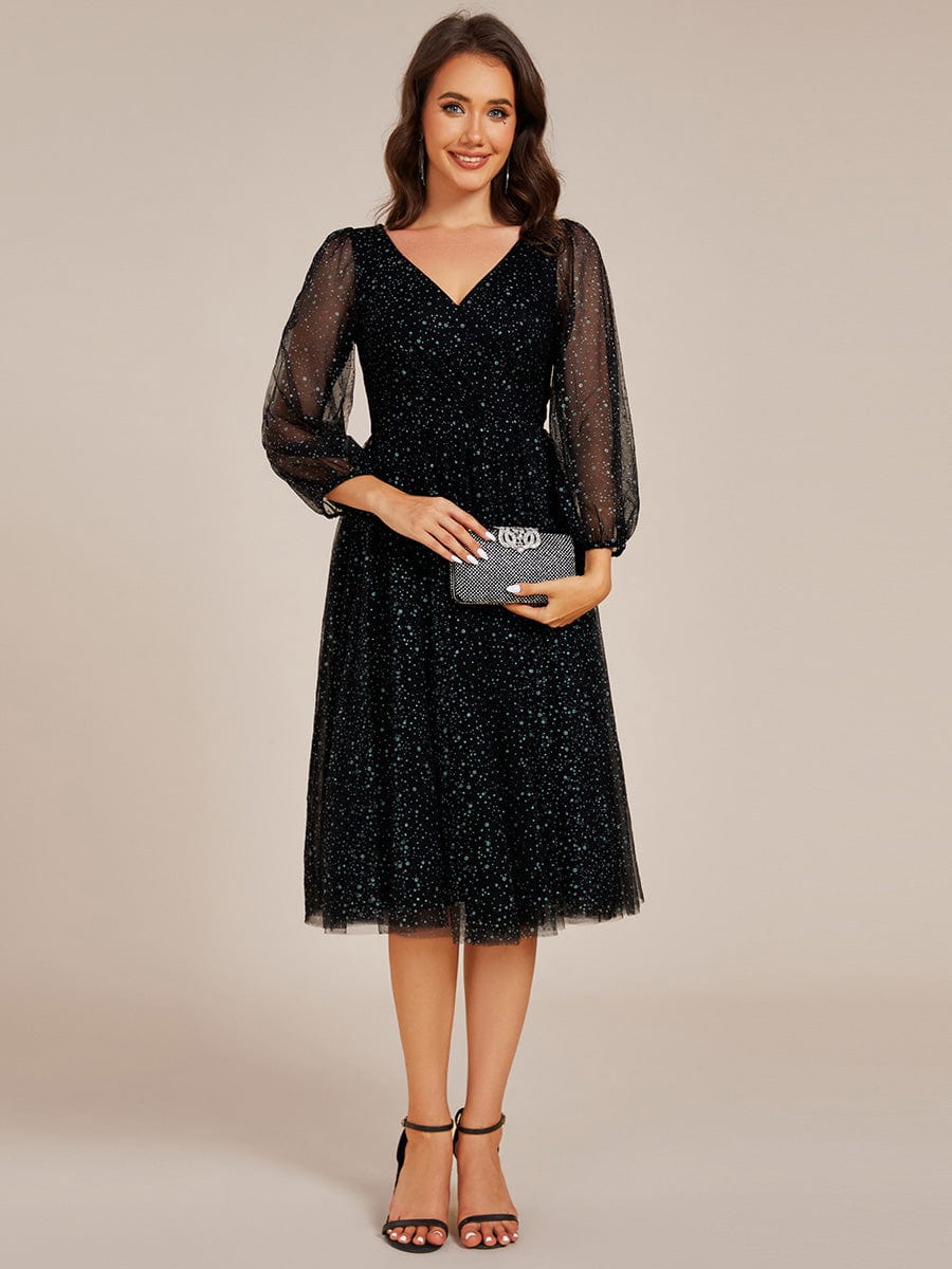 Glittery Long Sleeve V-Neck Midi Wedding Guest Dress #color_Black