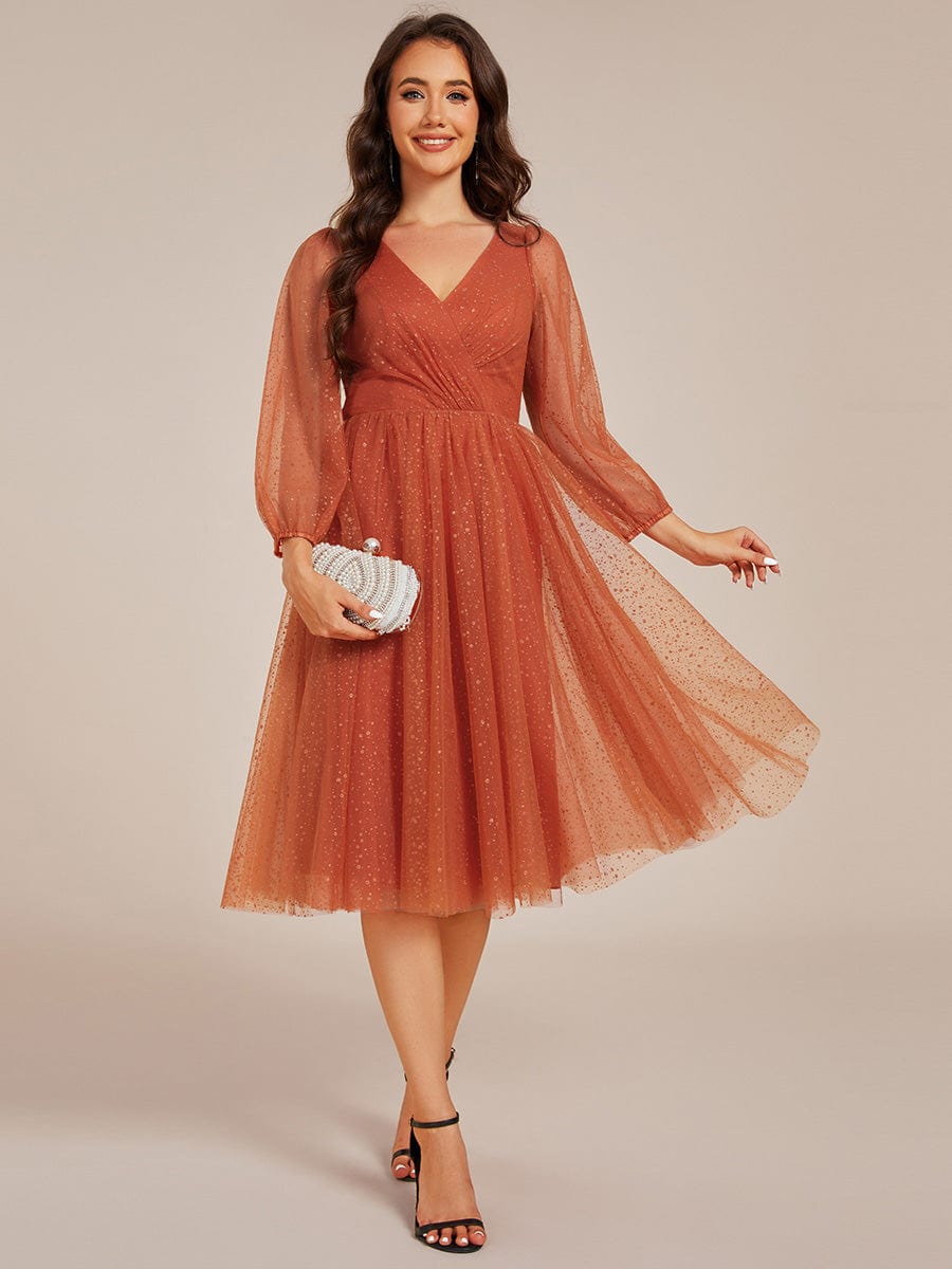 Glittery Long Sleeve V-Neck Midi Wedding Guest Dress #color_Burnt Orange