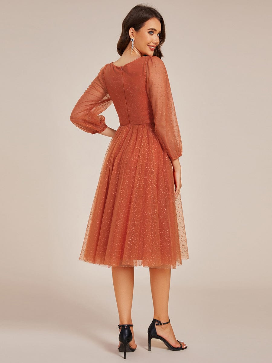 Glittery Long Sleeve V-Neck Midi Wedding Guest Dress #color_Burnt Orange