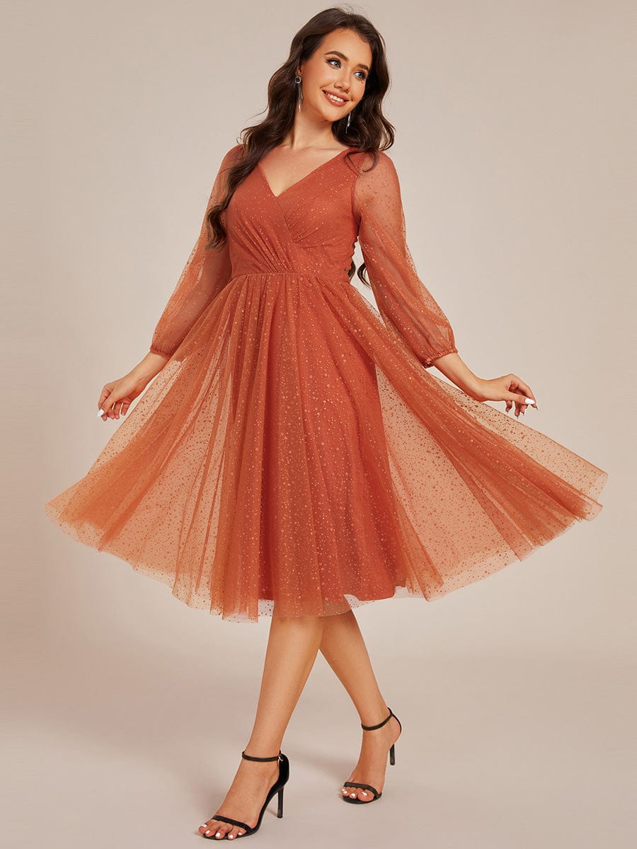 Glittery Long Sleeve V-Neck Midi Wedding Guest Dress #color_Burnt Orange