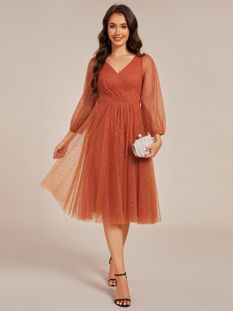 Glittery Long Sleeve V-Neck Midi Wedding Guest Dress #color_Burnt Orange