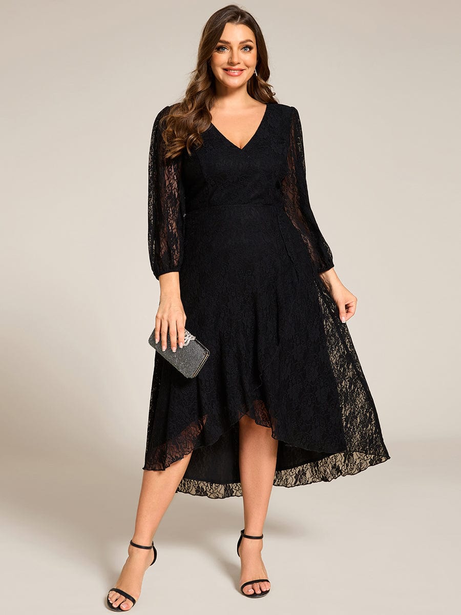 Plus Size Midi Long Lantern Sleeves V-Neck Lace Wedding Guest Dress #color_Black