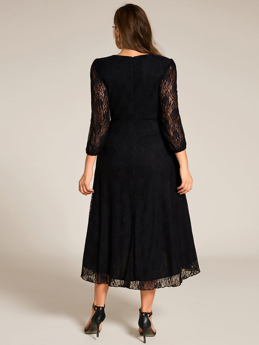 Elegant Lace A-Line Long Sleeves Midi Wedding Guest Dress #color_Black