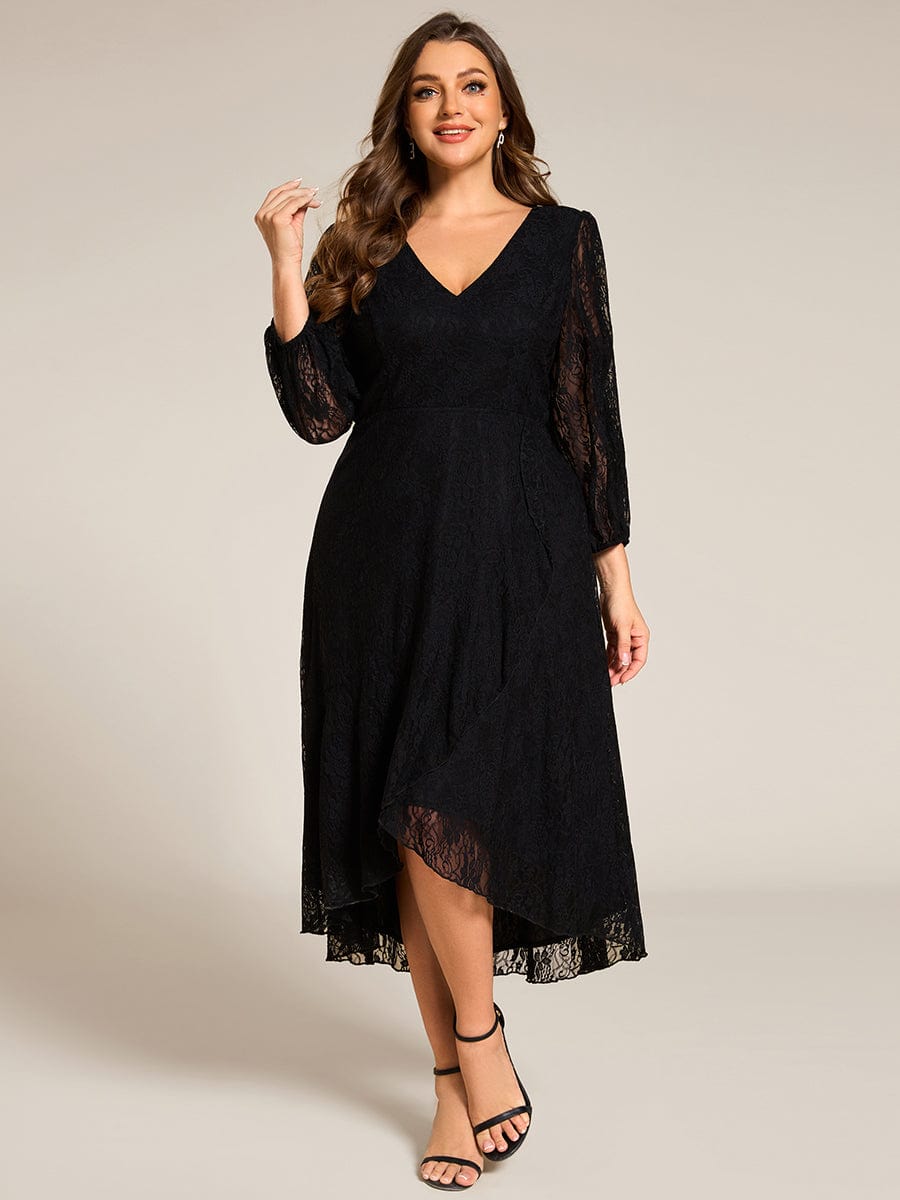 Plus Size Midi Long Lantern Sleeves V-Neck Lace Wedding Guest Dress #color_Black