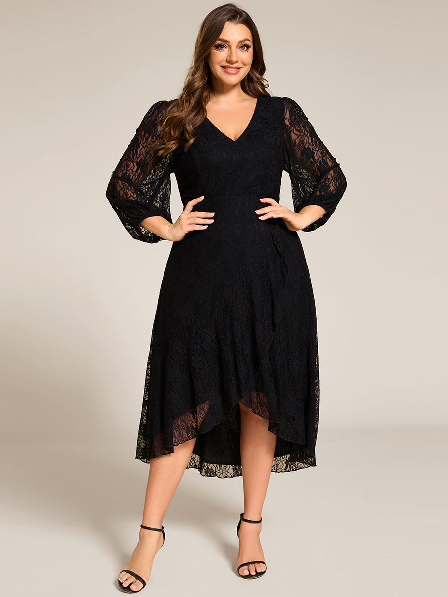 Elegant Lace A-Line Long Sleeves Midi Wedding Guest Dress #color_Black