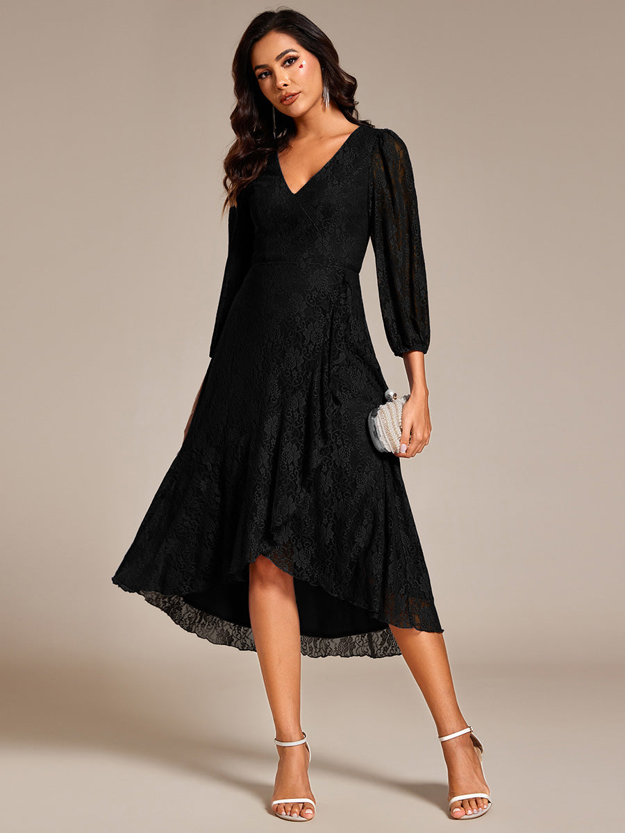 Elegant Lace A-Line Long Sleeves Midi Wedding Guest Dress #color_Black