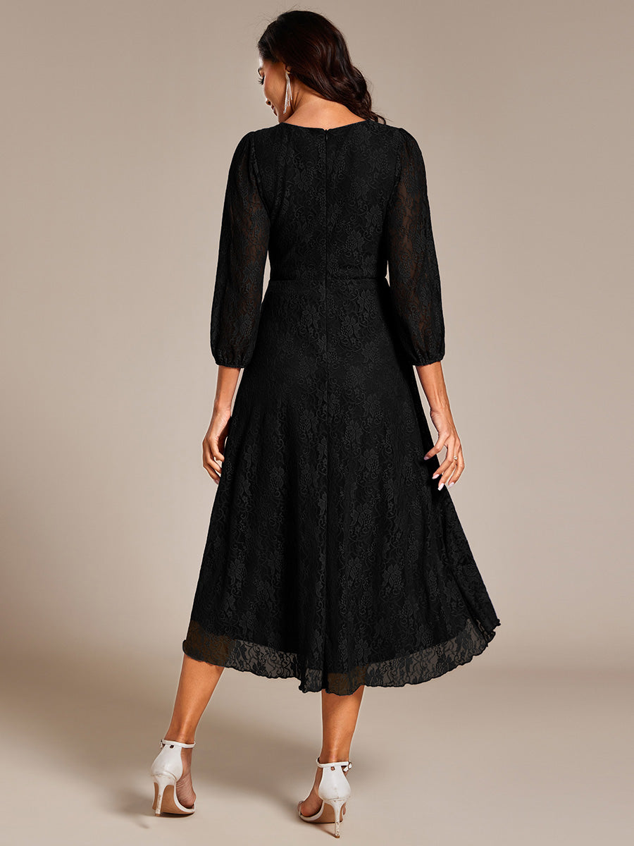 Elegant Lace A-Line Long Sleeves Midi Wedding Guest Dress #color_Black