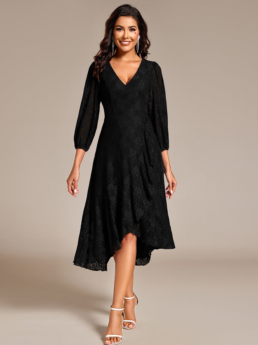 Elegant Lace A-Line Long Sleeves Midi Wedding Guest Dress #color_Black