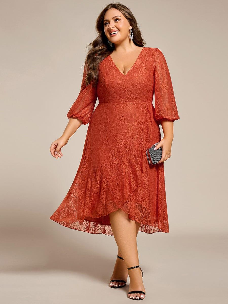 Elegant Lace A-Line Long Sleeves Midi Wedding Guest Dress #color_Burnt Orange