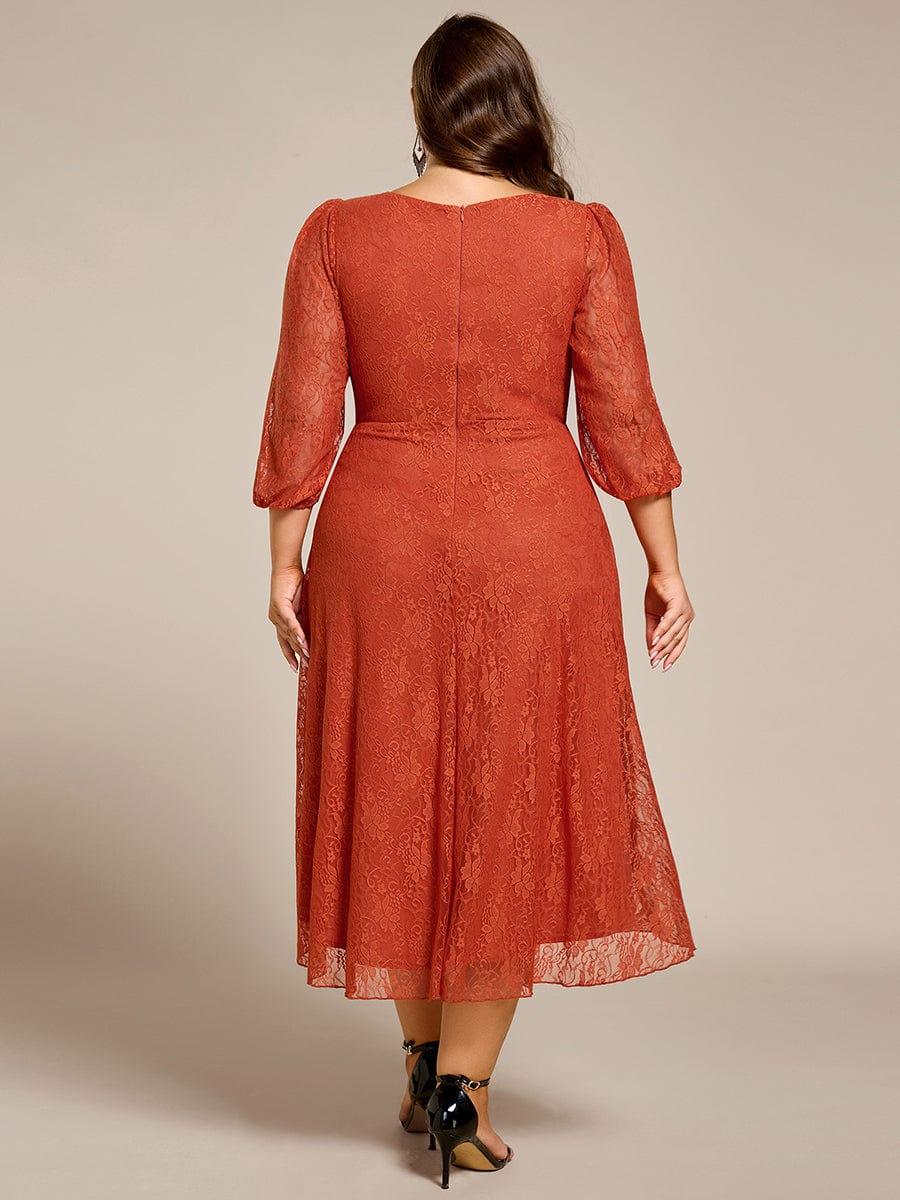 Elegant Lace A-Line Long Sleeves Midi Wedding Guest Dress #color_Burnt Orange