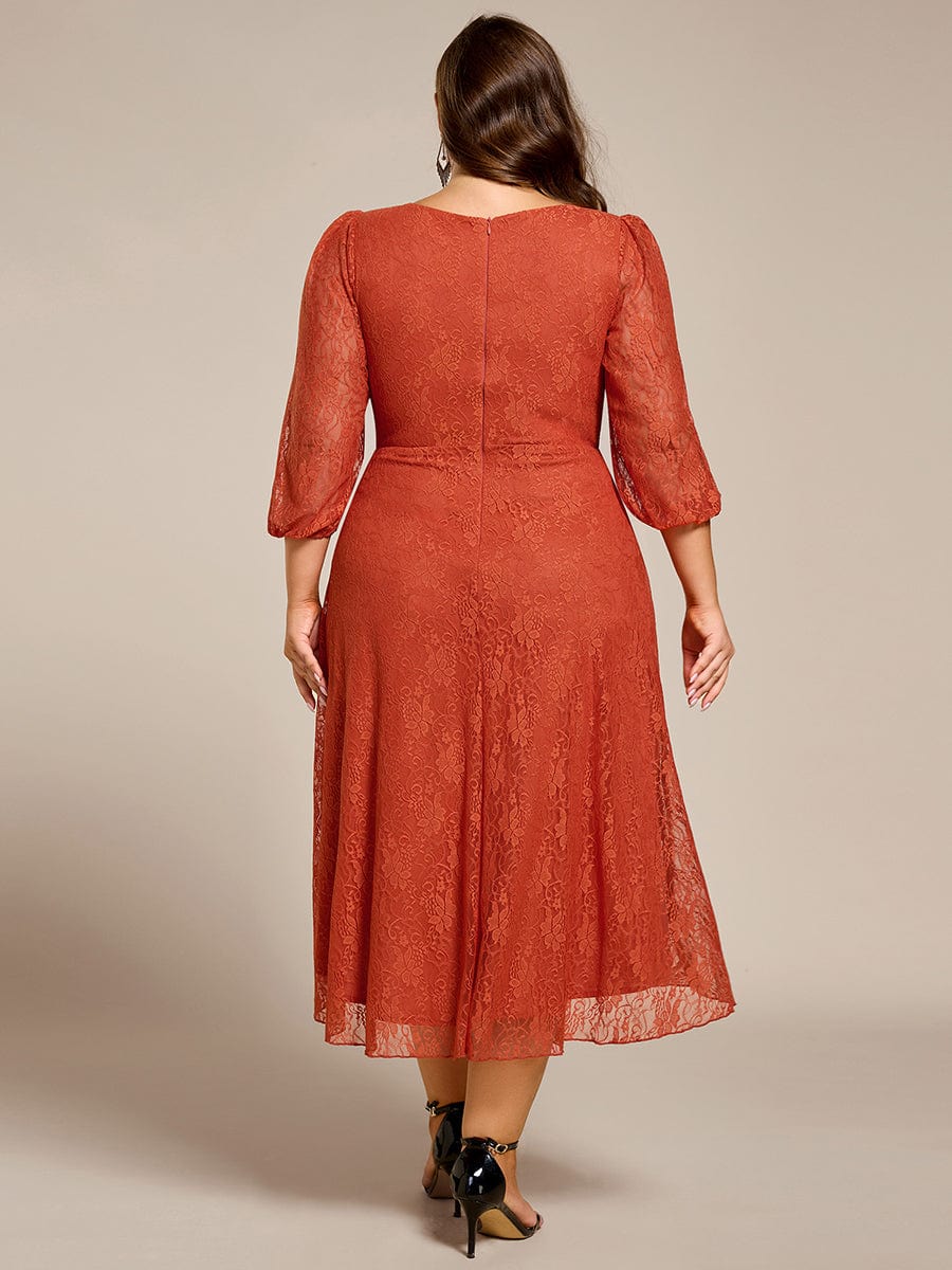 Plus Size Midi Long Lantern Sleeves V-Neck Lace Wedding Guest Dress #color_Burnt Orange