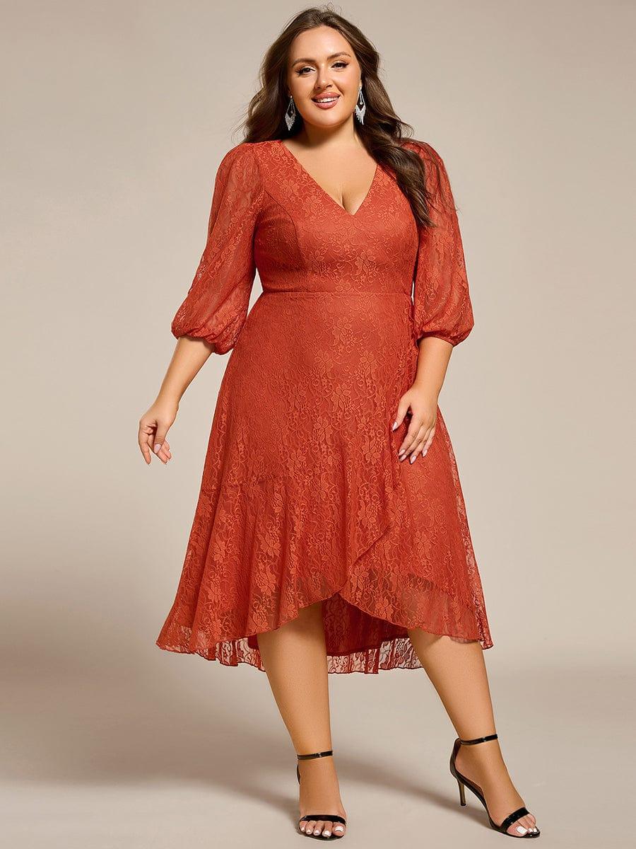 Elegant Lace A-Line Long Sleeves Midi Wedding Guest Dress #color_Burnt Orange