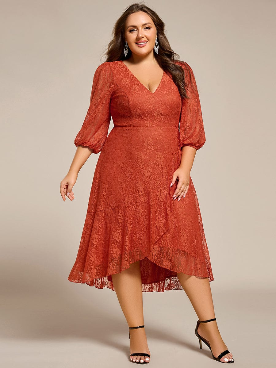 Plus Size Midi Long Lantern Sleeves V-Neck Lace Wedding Guest Dress #color_Burnt Orange