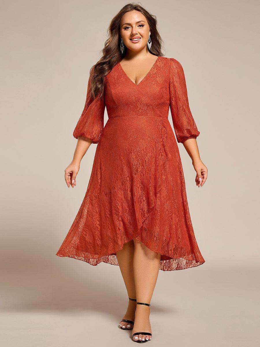 Elegant Lace A-Line Long Sleeves Midi Wedding Guest Dress #color_Burnt Orange