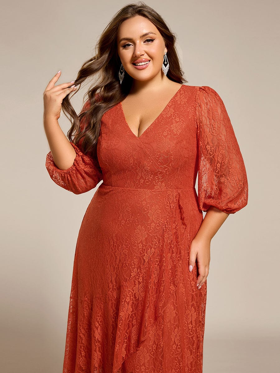 Plus Size Midi Long Lantern Sleeves V-Neck Lace Wedding Guest Dress #color_Burnt Orange