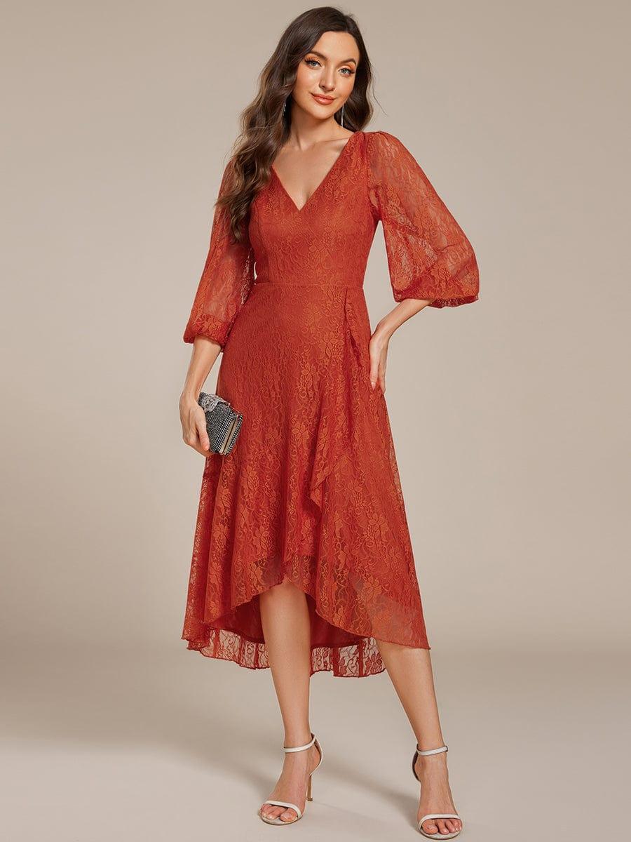 Elegant Lace A-Line Long Sleeves Midi Wedding Guest Dress #color_Burnt Orange