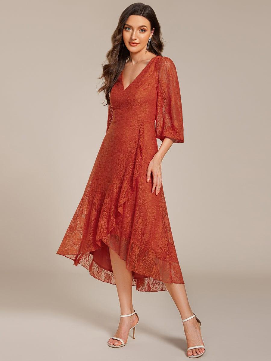 Elegant Lace A-Line Long Sleeves Midi Wedding Guest Dress #color_Burnt Orange