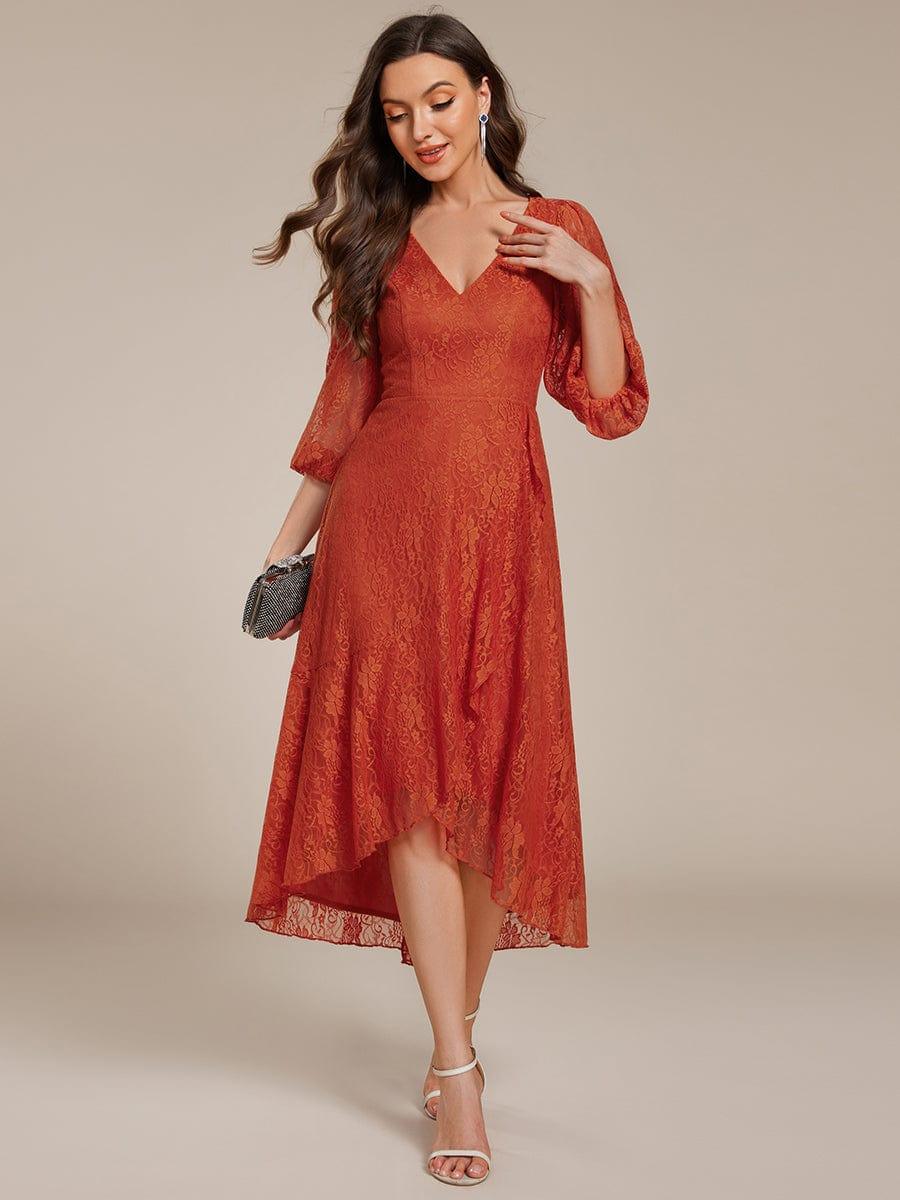 Elegant Lace A-Line Long Sleeves Midi Wedding Guest Dress #color_Burnt Orange