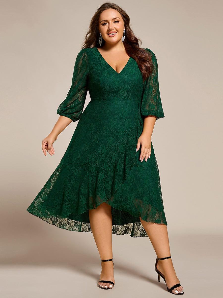 Elegant Lace A-Line Long Sleeves Midi Wedding Guest Dress #color_Dark Green